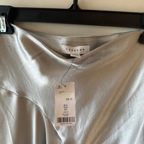 TOPSHOP NWT Silver Fishtail Asymmetric Hem Midi Satin Skirt 8 - Picture 7 of 12